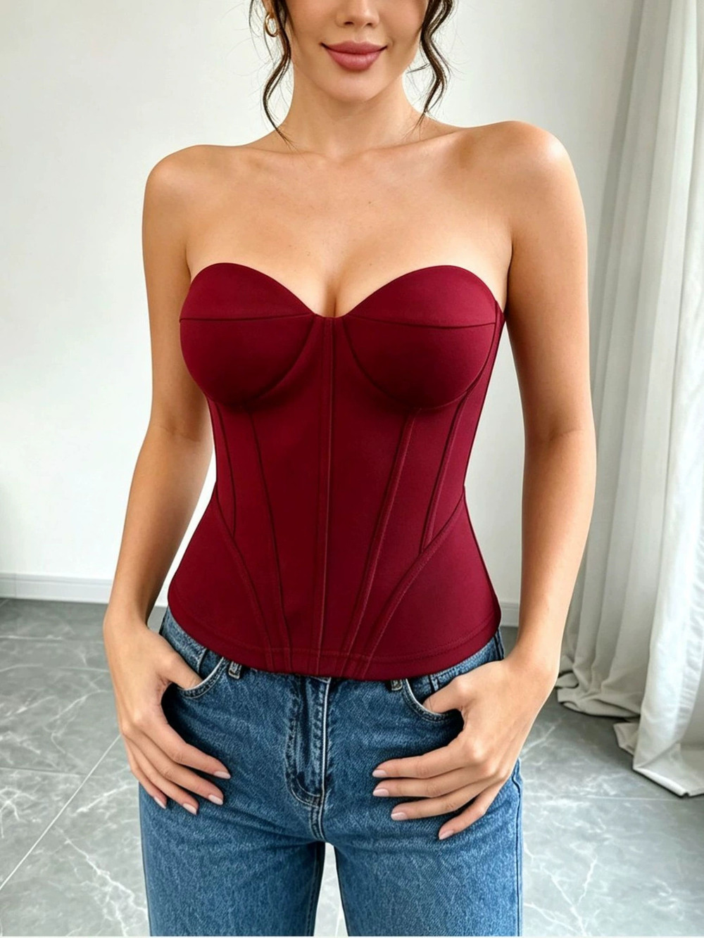 Zara Wine Red Strapless Backless Corset Tube Top Shaping Slim Fit